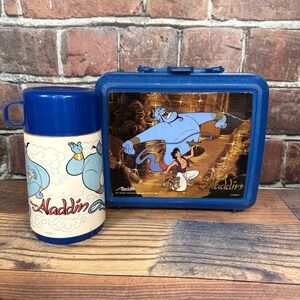 Vintage 90s 1992 Blue Disney Aladdin Lunch Box with Thermos Genie Robin Williams